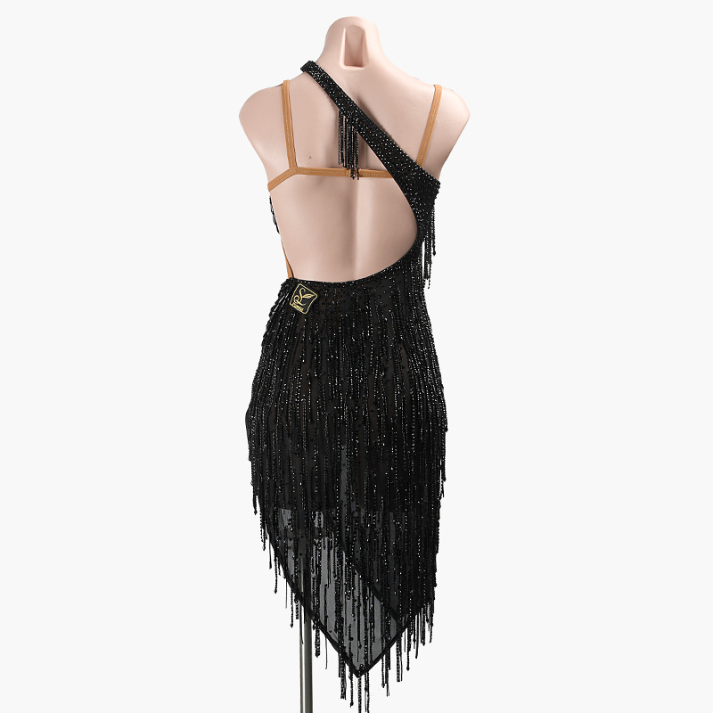 SYL black stretch mesh backless beaded fringe beading dancesport dress competition woman rhythm dance dress