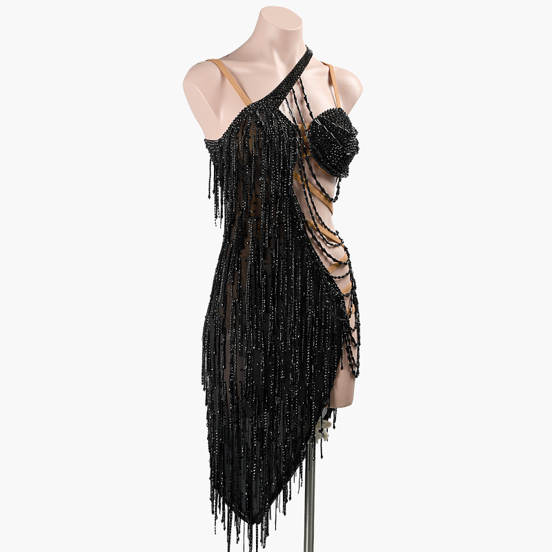 SYL black stretch mesh backless beaded fringe beading dancesport dress competition woman rhythm dance dress