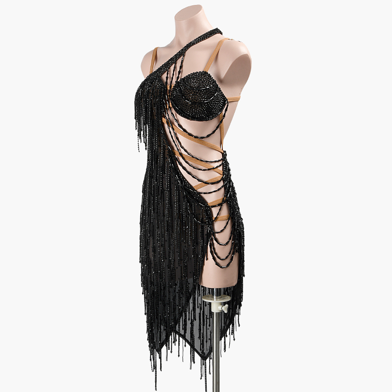 SYL black stretch mesh backless beaded fringe beading dancesport dress competition woman rhythm dance dress