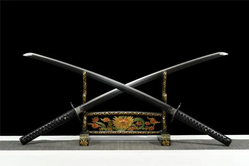 Handmade Deadpool Katana Set Black Double Ninja Katana Swords With Carrying Back Strap Real Japanese Samurai Sword Set High Manganese Steel