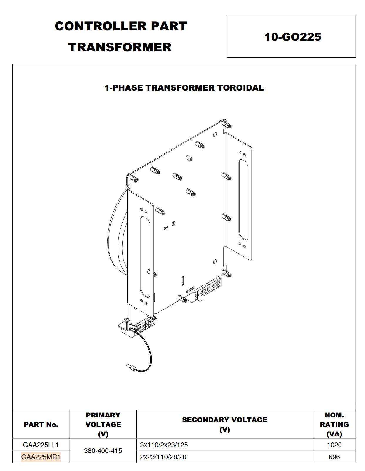 GAA225MR1 Otis Controller Transformer