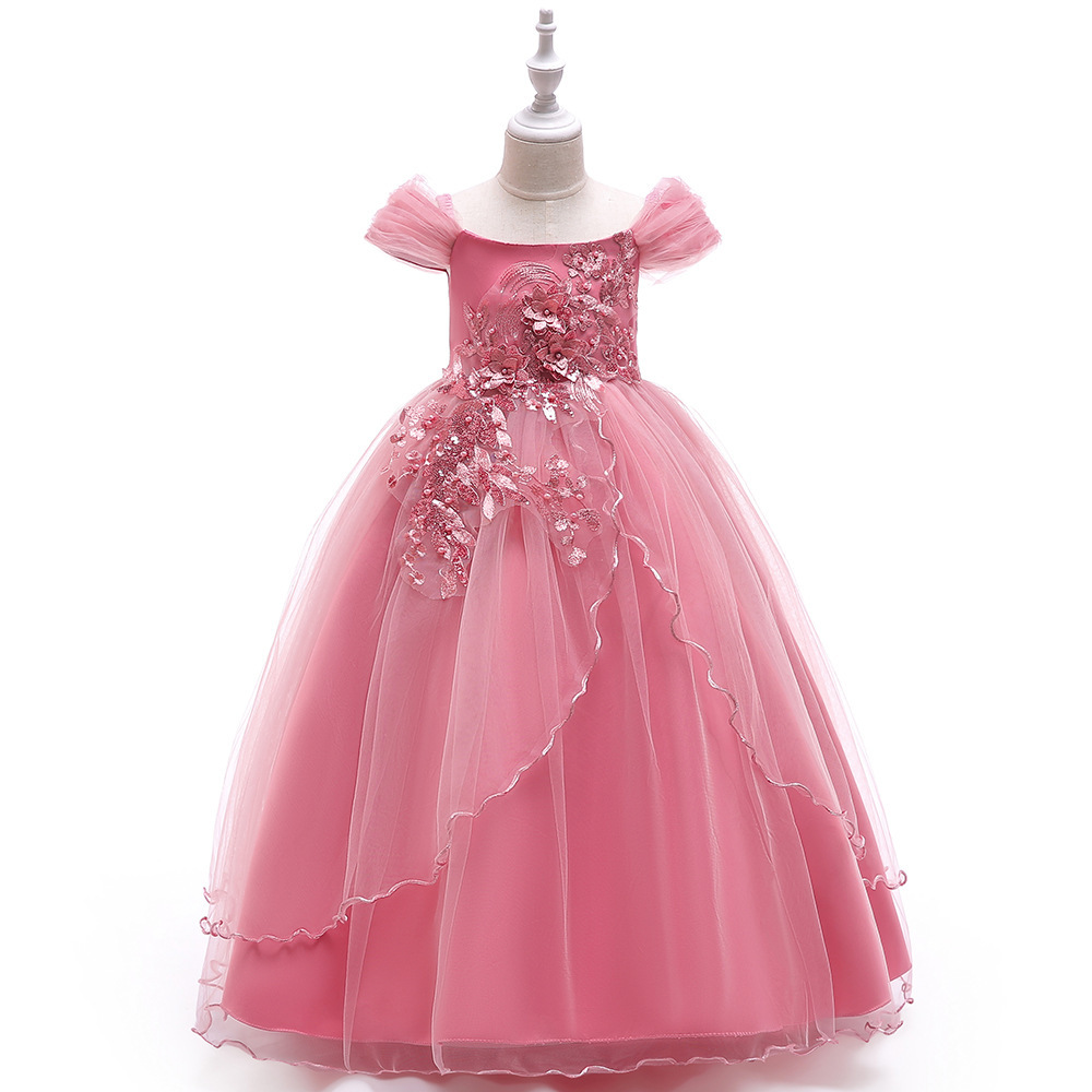 Glamorous Off - Shoulder Tulle Dresses for Little Girls Elegant Pink & Crimson Children's Dresses: Layered Tulle, Floral Embroidery & Shimmering Details for Special Occasions like Weddings, Parties & Pageants