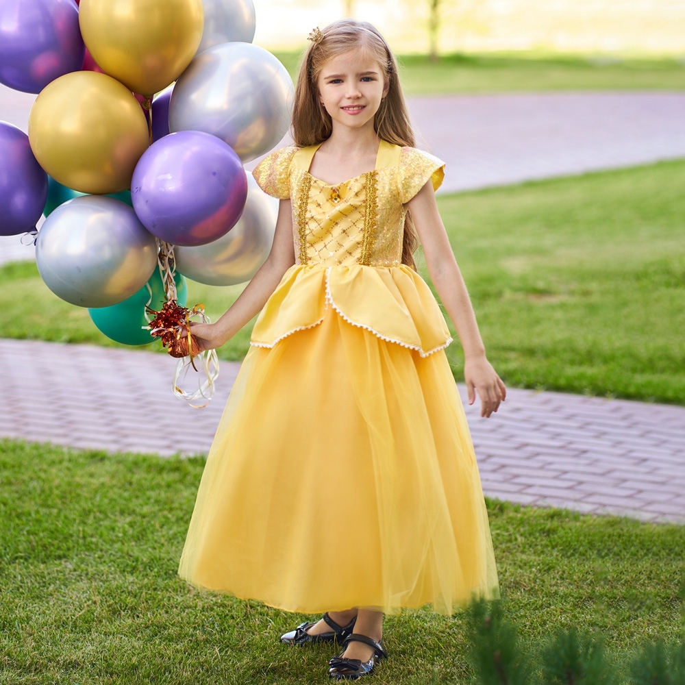 Vibrant Princess Dresses for Girls: Sequin Accents, Tulle Skirts & Sheer Fabric Details | Whimsical Special Occasion Attire