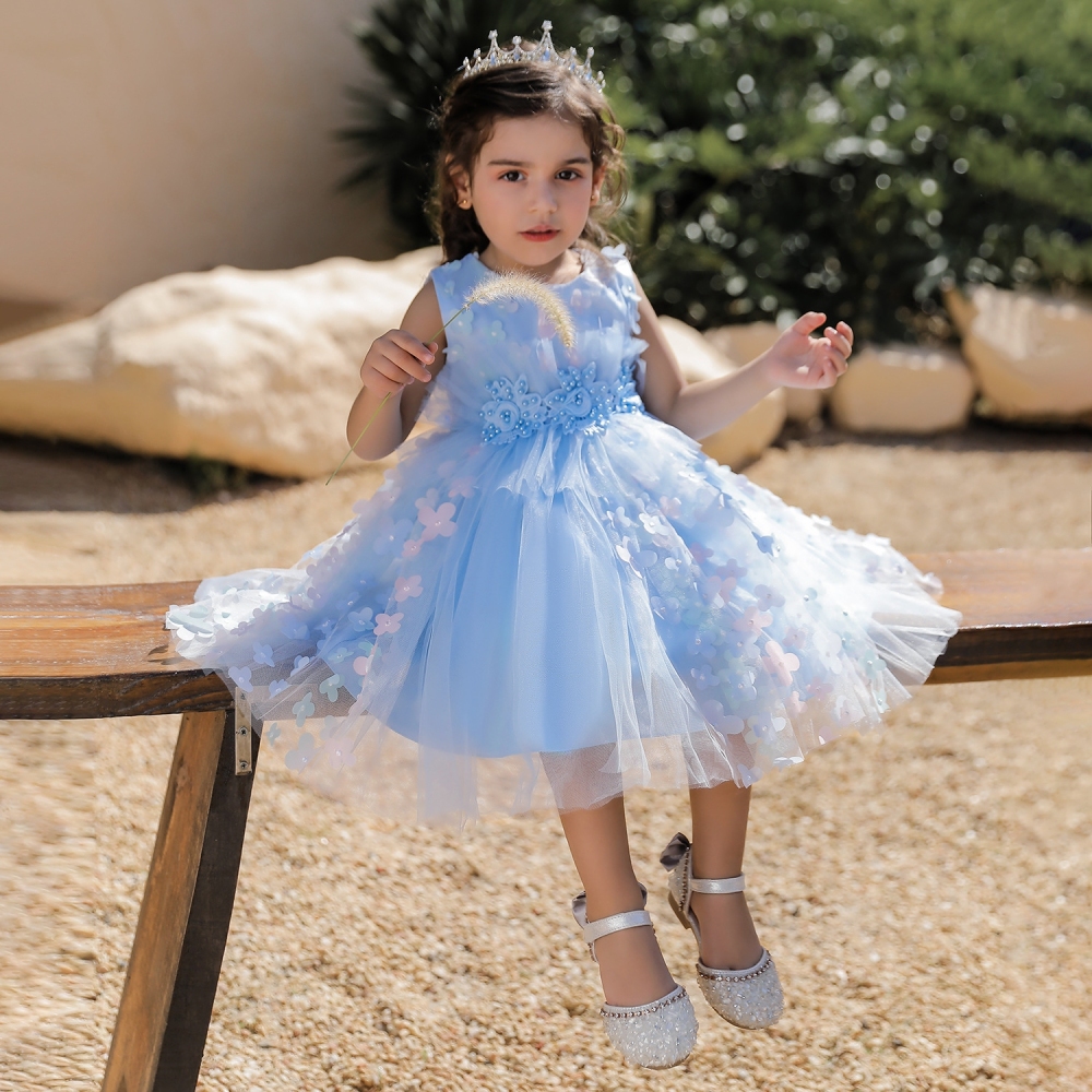 Elegant Lavender Floral Children's Dresses: Tulle Skirts, Beaded Embroidery & Sheer Mesh Details | Whimsical Special Occasion Attire for Girls