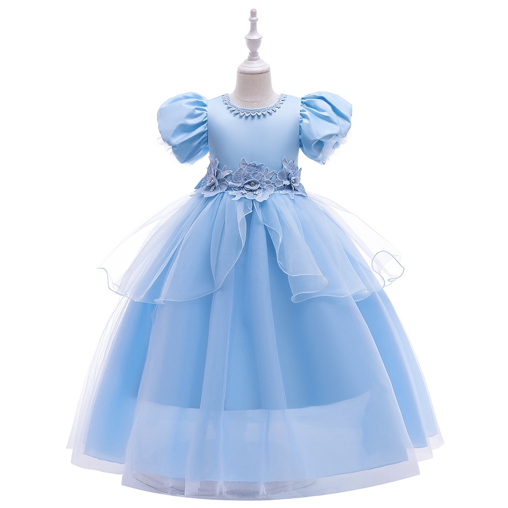 Elegant Light Blue Princess Dresses for Girls: Tulle Layers, Floral Embroidery & Sheer Fabric Designs | Whimsical Special Occasion Attire for Children