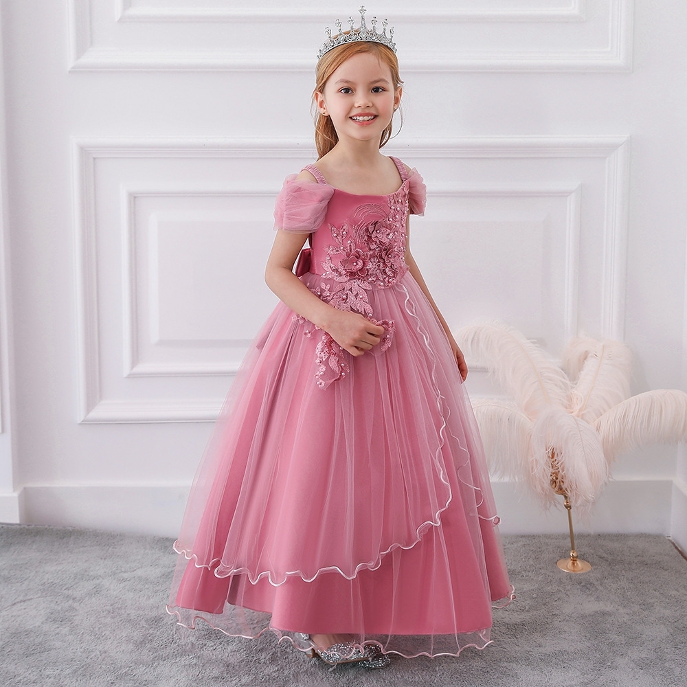 Glamorous Off - Shoulder Tulle Dresses for Little Girls Elegant Pink & Crimson Children's Dresses: Layered Tulle, Floral Embroidery & Shimmering Details for Special Occasions like Weddings, Parties & Pageants
