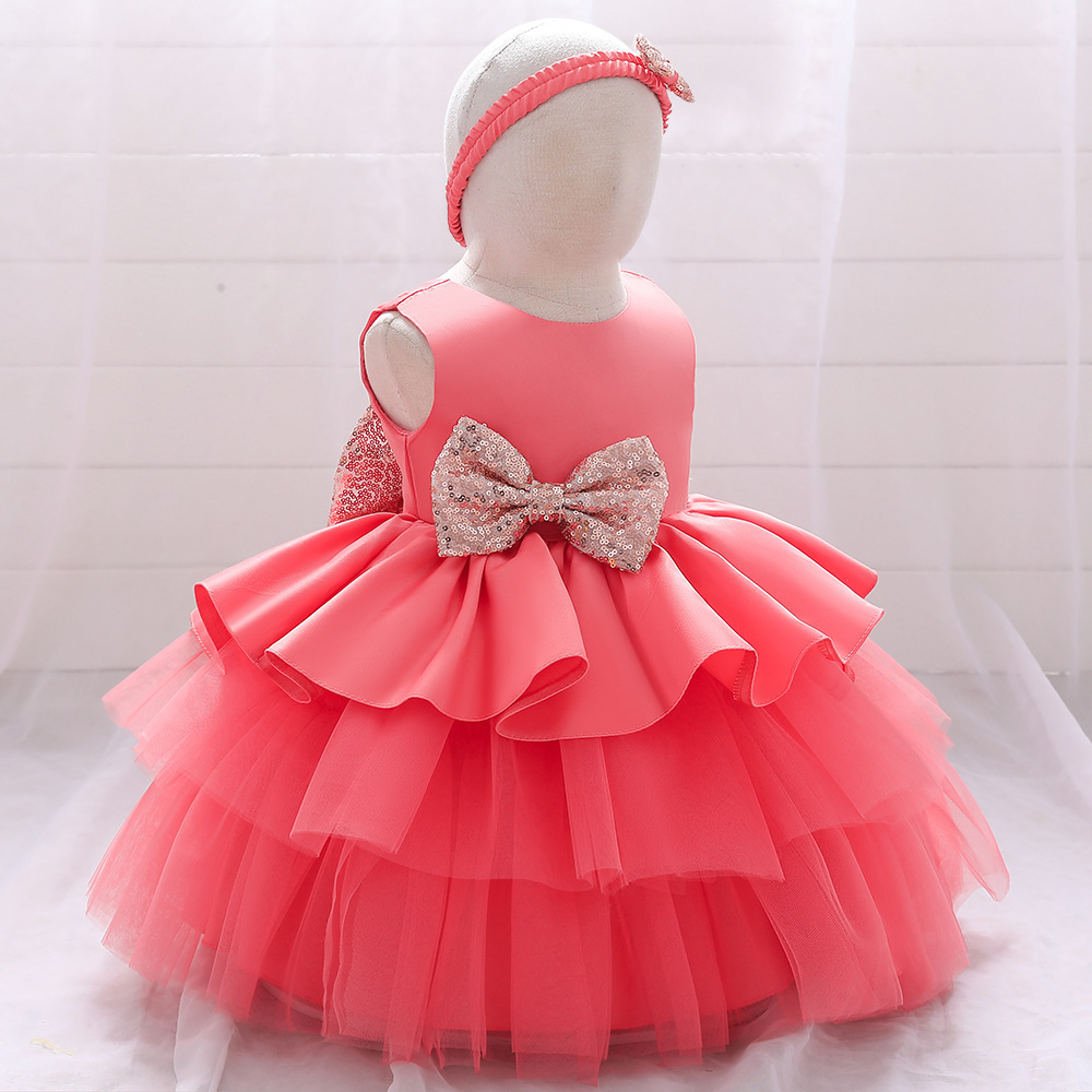 Enchanting Children's Dresses: Layered Tulle, Glittering Sequin Bows & Coral Rose Accents for Special Occasions Like Weddings, Parties & Photo Shoots | Whimsical Nursery Attire with Delicate Mesh & Satin Details