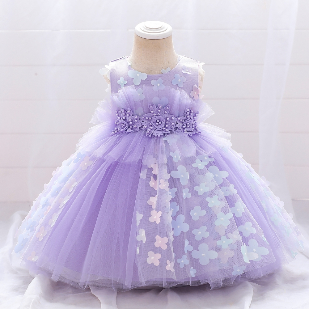 Elegant Lavender Floral Children's Dresses: Tulle Skirts, Beaded Embroidery & Sheer Mesh Details | Whimsical Special Occasion Attire for Girls