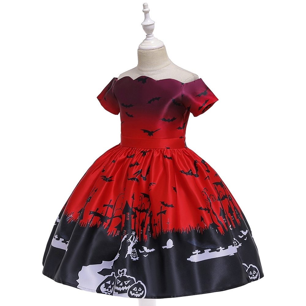 Elegant  Cosmic & Halloween Children's Dresses: Galaxy Print, Bat Motifs & Satin Ribbons for Special Occasions | Whimsical Kidswear with Starry Elegance