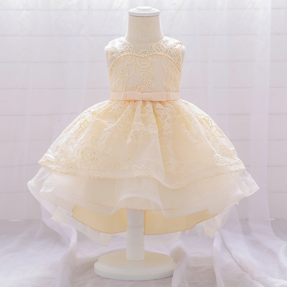 Elegant Floral Lace Children's Dresses: Tiered Tulle Skirts, Pearl Embellishments & Delicate Mesh Details for Special Occasions