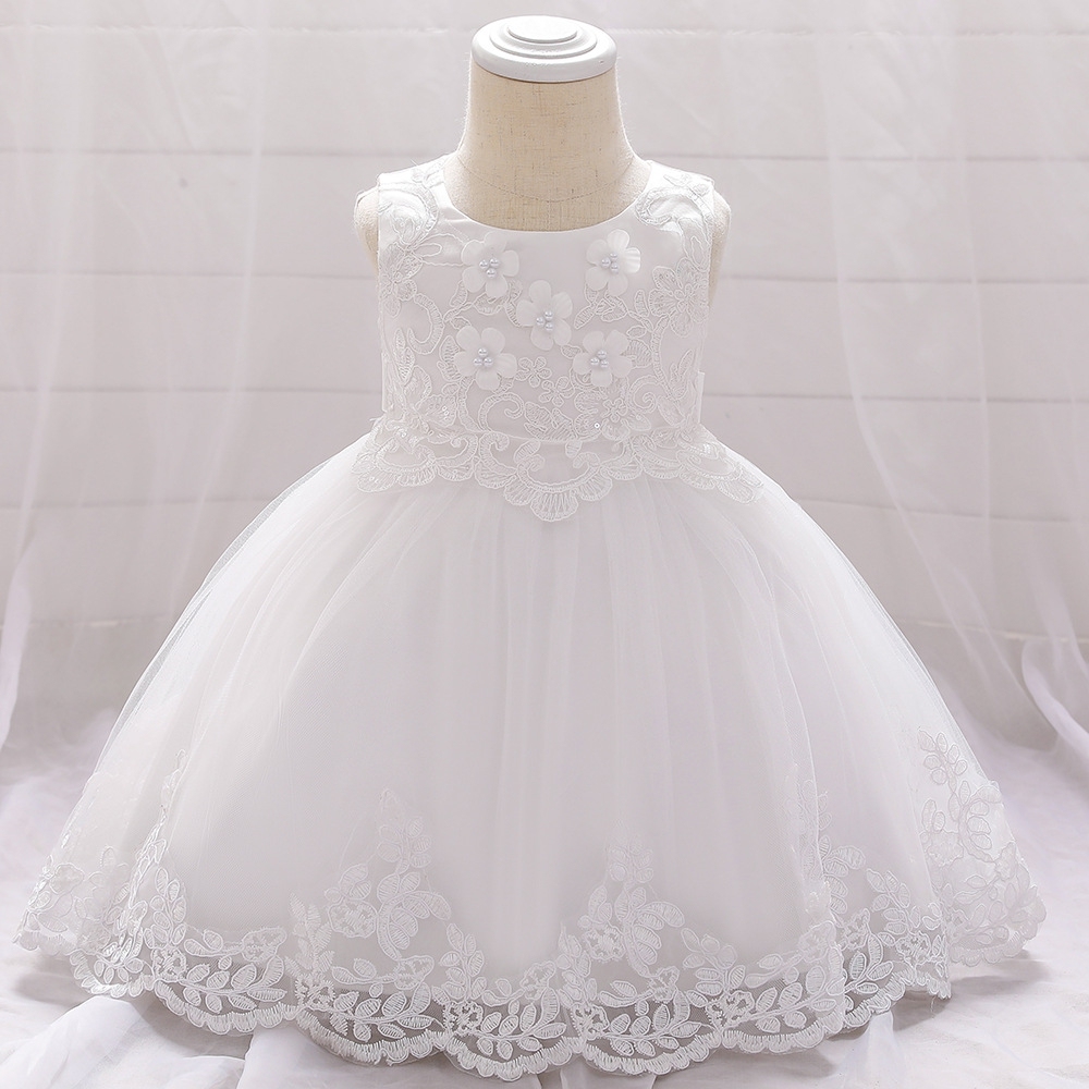 Elegant White Children's Dresses with Floral Lace, Tulle Layers & Pearl Embellishments | Special Occasion Attire for Girls Featuring Hexagonal Mesh Fabric, Linen Lining & Delicate Bow Accents
