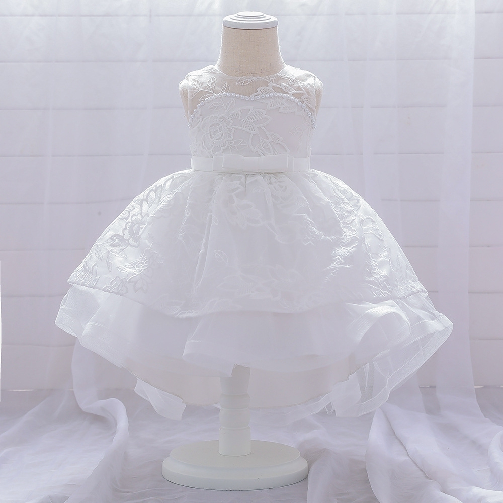 Elegant Floral Lace Children's Dresses: Tiered Tulle Skirts, Pearl Embellishments & Delicate Mesh Details for Special Occasions