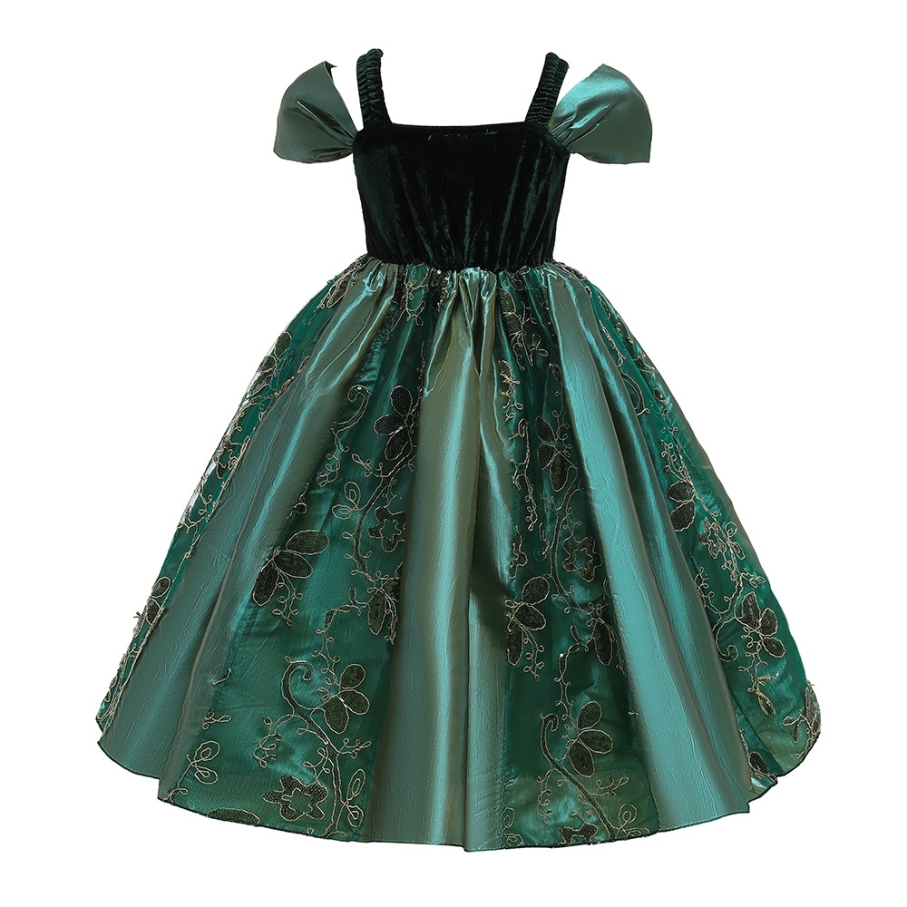 Exquisite Green Velvet and Satin Flower - Embroidered Kids' Dress