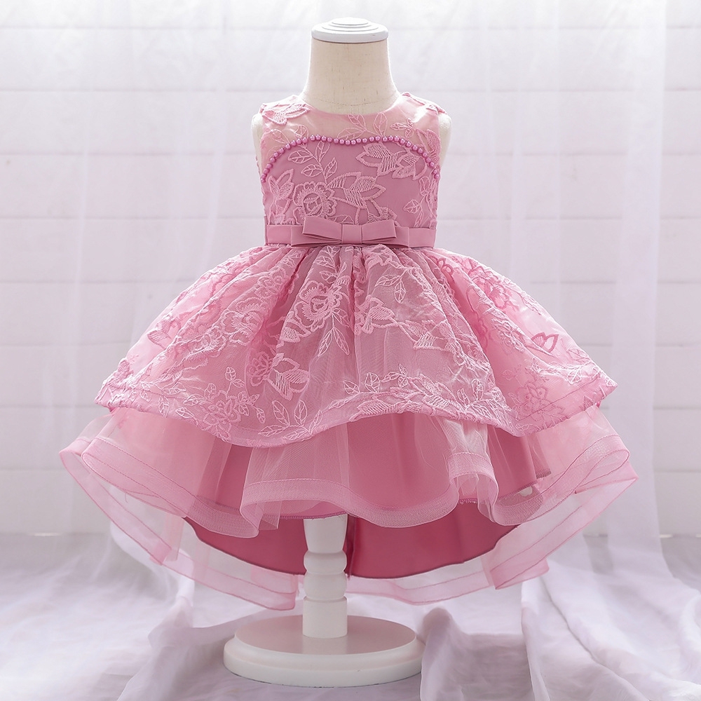 Elegant Floral Lace Children's Dresses: Tiered Tulle Skirts, Pearl Embellishments & Delicate Mesh Details for Special Occasions