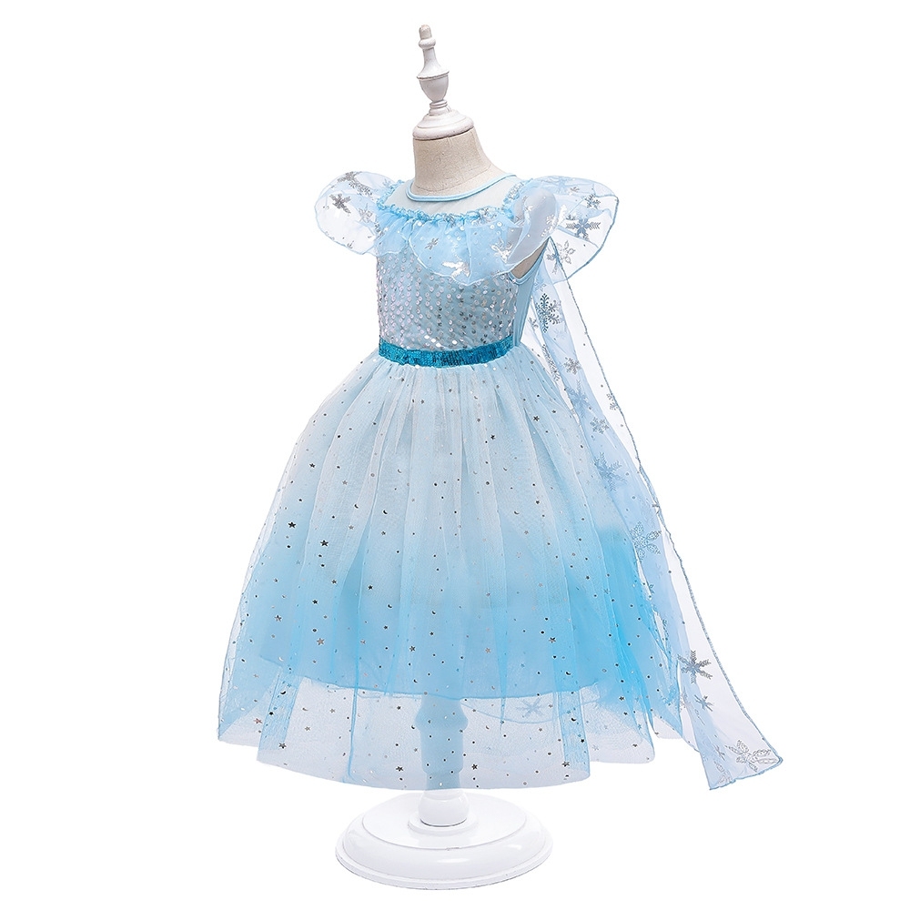 Elegant Light Blue Children's Dresses: Tulle Layers, Silver Star & Snowflake Embellishments for Special Occasions Like Weddings, Parties & Photo Shoots | Enchanting Nursery Attire with Iridescent Details