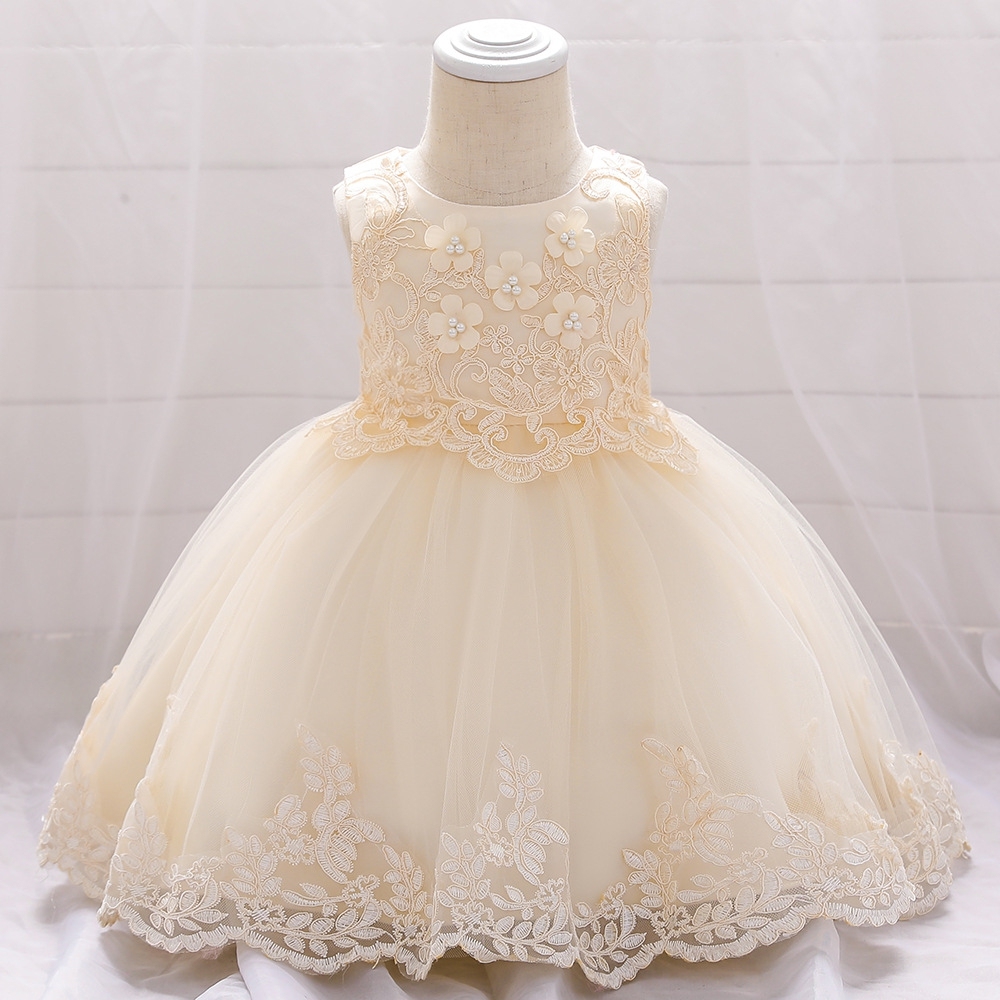Elegant White Children's Dresses with Floral Lace, Tulle Layers & Pearl Embellishments | Special Occasion Attire for Girls Featuring Hexagonal Mesh Fabric, Linen Lining & Delicate Bow Accents
