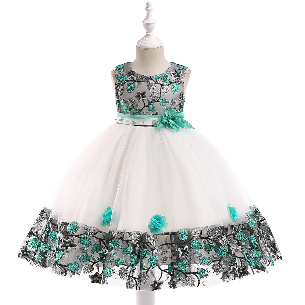 Elegant Floral Embroidered Children's Dresses: Layered Tulle, Pearl Accents & Sheer Mesh Details for Special Occasions Like Weddings, Parties & Photo Shoots | Whimsical Nursery Attire with Peach & Silver Embroidery