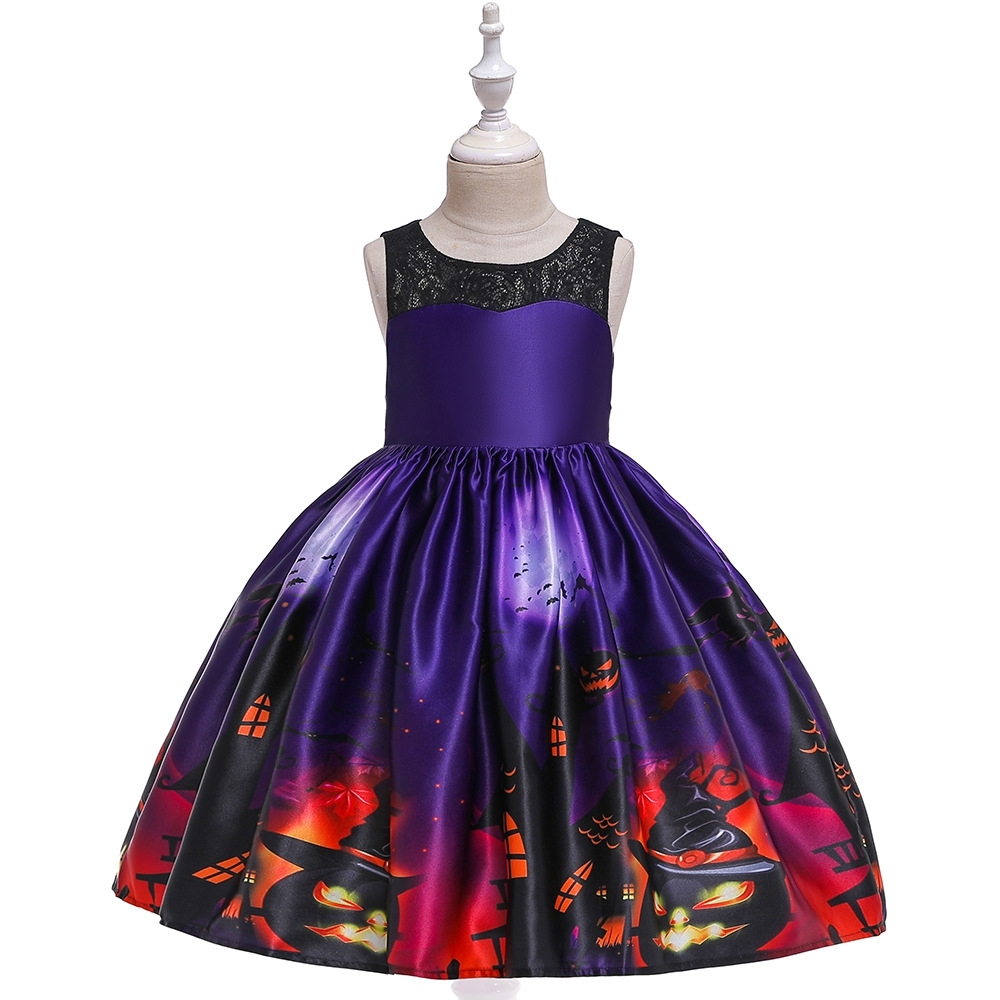 Elegant  Cosmic & Halloween Children's Dresses: Galaxy Print, Bat Motifs & Satin Ribbons for Special Occasions | Whimsical Kidswear with Starry Elegance