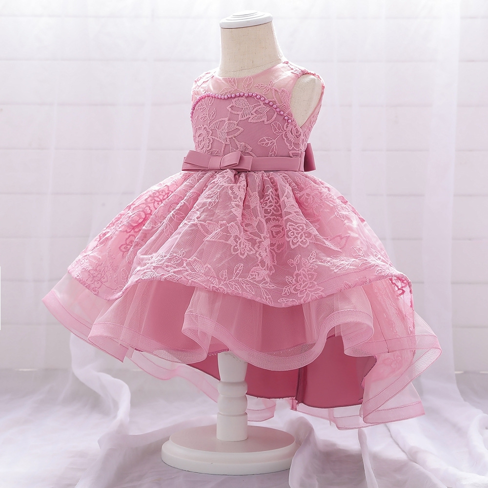 Elegant Floral Lace Children's Dresses: Tiered Tulle Skirts, Pearl Embellishments & Delicate Mesh Details for Special Occasions
