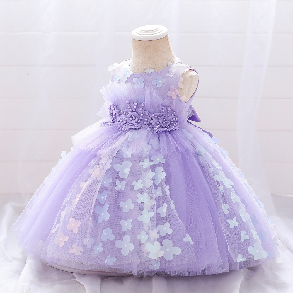 Elegant Lavender Floral Children's Dresses: Tulle Skirts, Beaded Embroidery & Sheer Mesh Details | Whimsical Special Occasion Attire for Girls