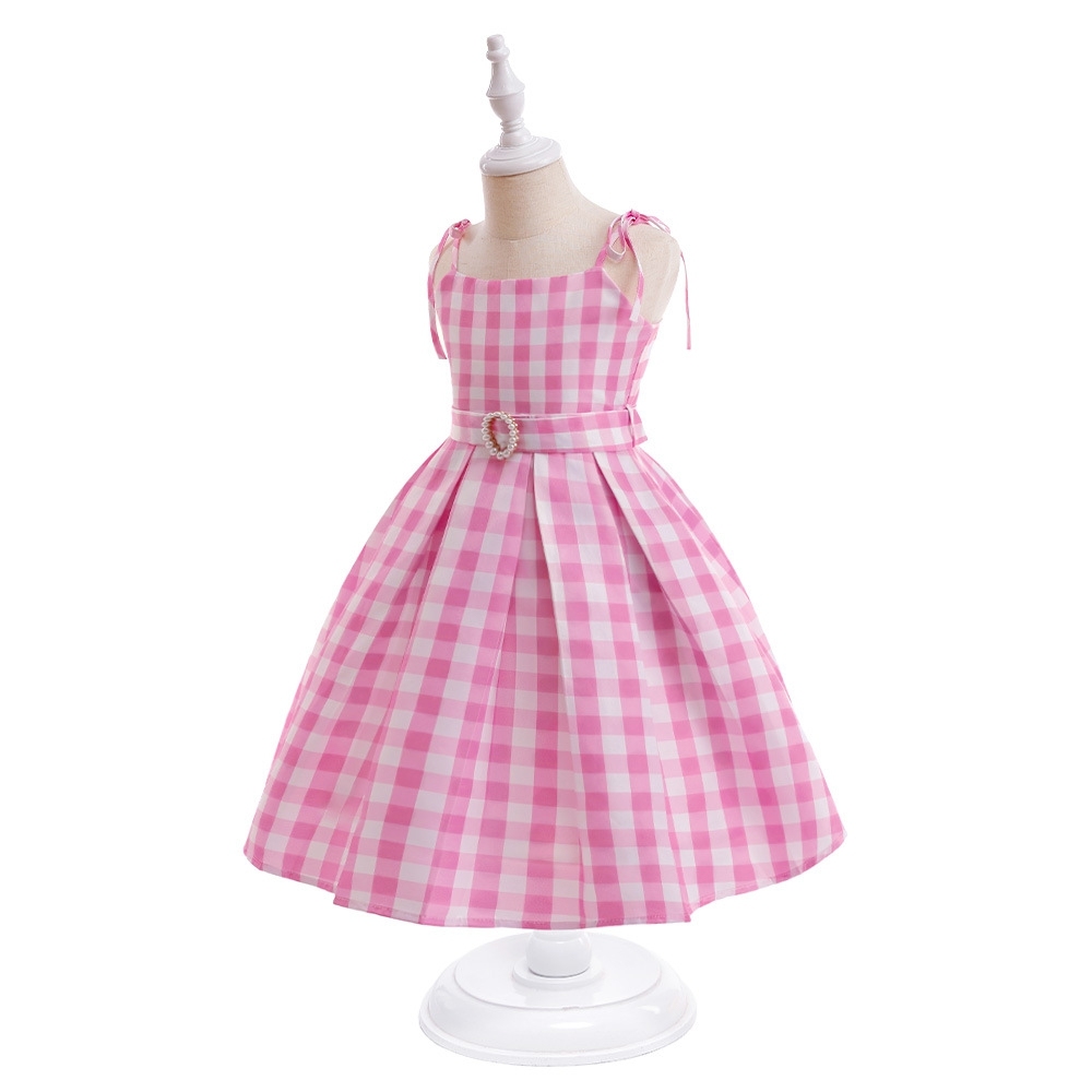 Adorable Pink Gingham Off - Shoulder Dress for Girls Classic Pink Plaid Dress for Girls – Adjustable Bowknot Waist, Layered Tulle Skirt & Back Zipper Design for Playful Elegance