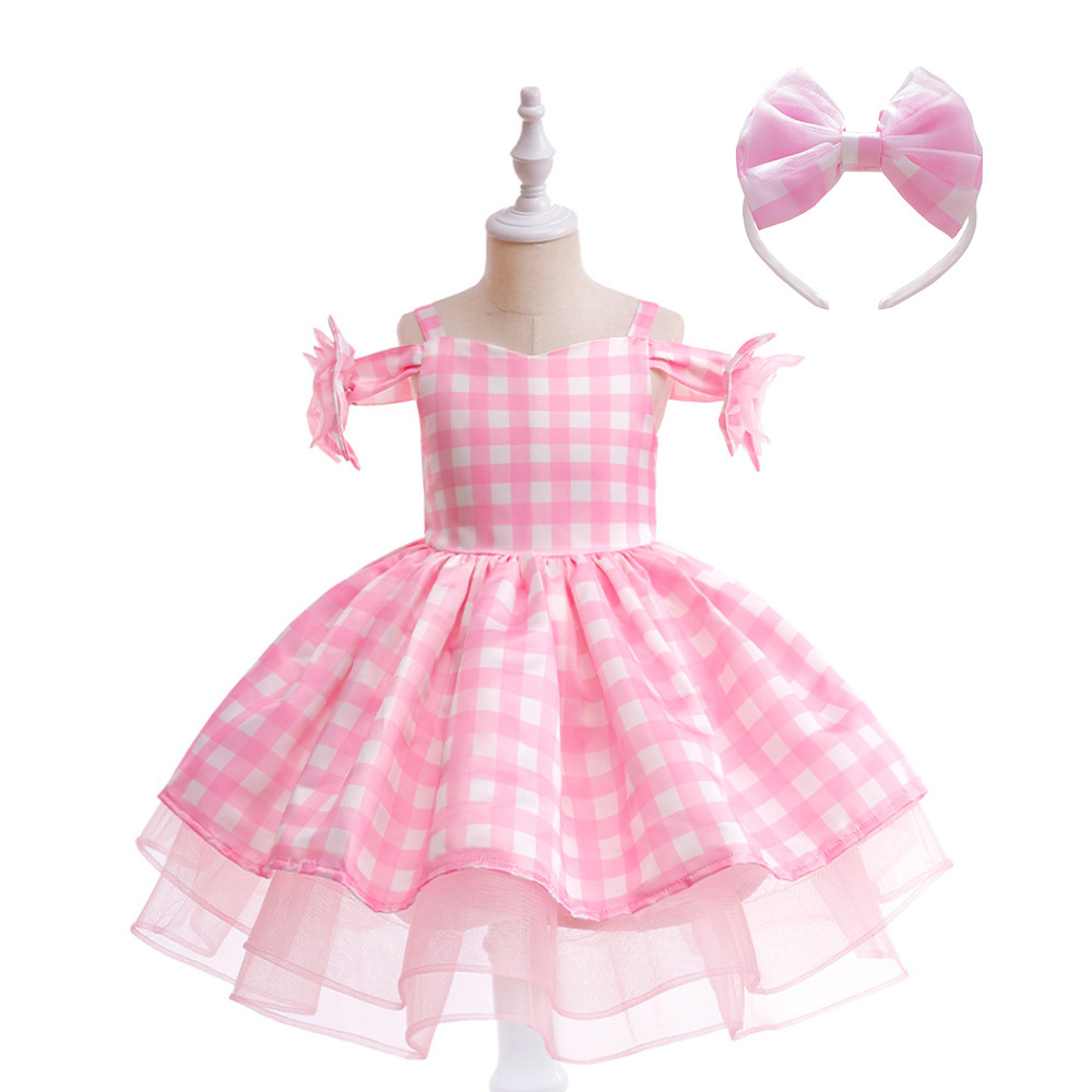 Adorable Pink Gingham Off - Shoulder Dress for Girls Classic Pink Plaid Dress for Girls – Adjustable Bowknot Waist, Layered Tulle Skirt & Back Zipper Design for Playful Elegance