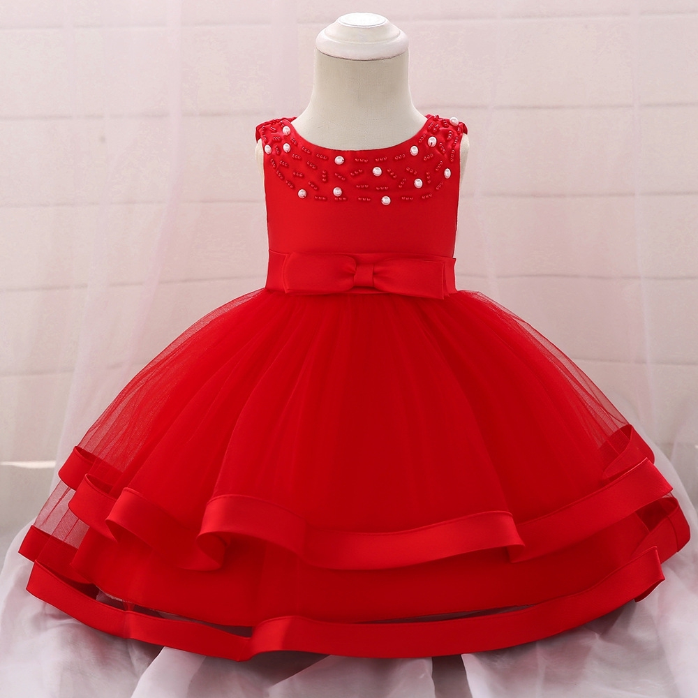 Stunning Red Sleeveless Girl's Party Dress with Embellishments Elegant Red Children's Dresses: Layered Tulle, Satin Ribbons & Pearl Embroidery for Special Occasions Like Weddings, Parties & Photo Shoots | Premium Kids' Formalwear with Playful Details