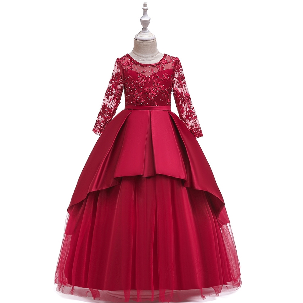 Enchanting Deep Lace & Satin Dresses for Girls - Layered Tulle Skirts, Crystal Embroidery & Adjustable Waistbands for Weddings, Parties & Fairy-Tale Events