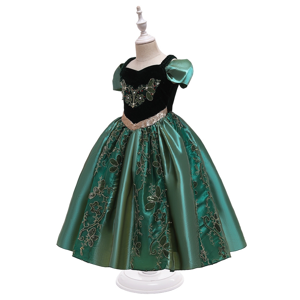 Exquisite Green Velvet and Satin Flower - Embroidered Kids' Dress