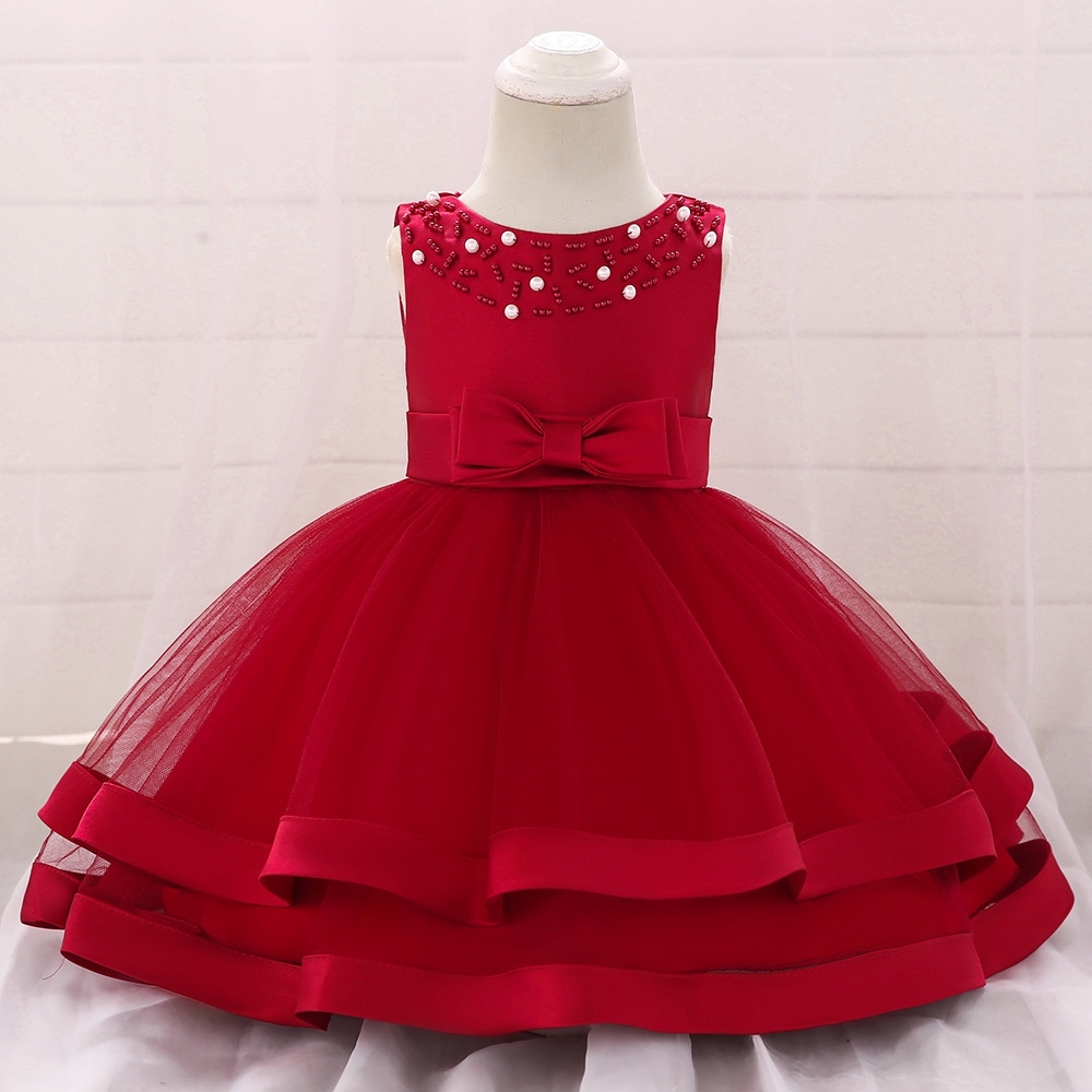 Stunning Red Sleeveless Girl's Party Dress with Embellishments Elegant Red Children's Dresses: Layered Tulle, Satin Ribbons & Pearl Embroidery for Special Occasions Like Weddings, Parties & Photo Shoots | Premium Kids' Formalwear with Playful Details