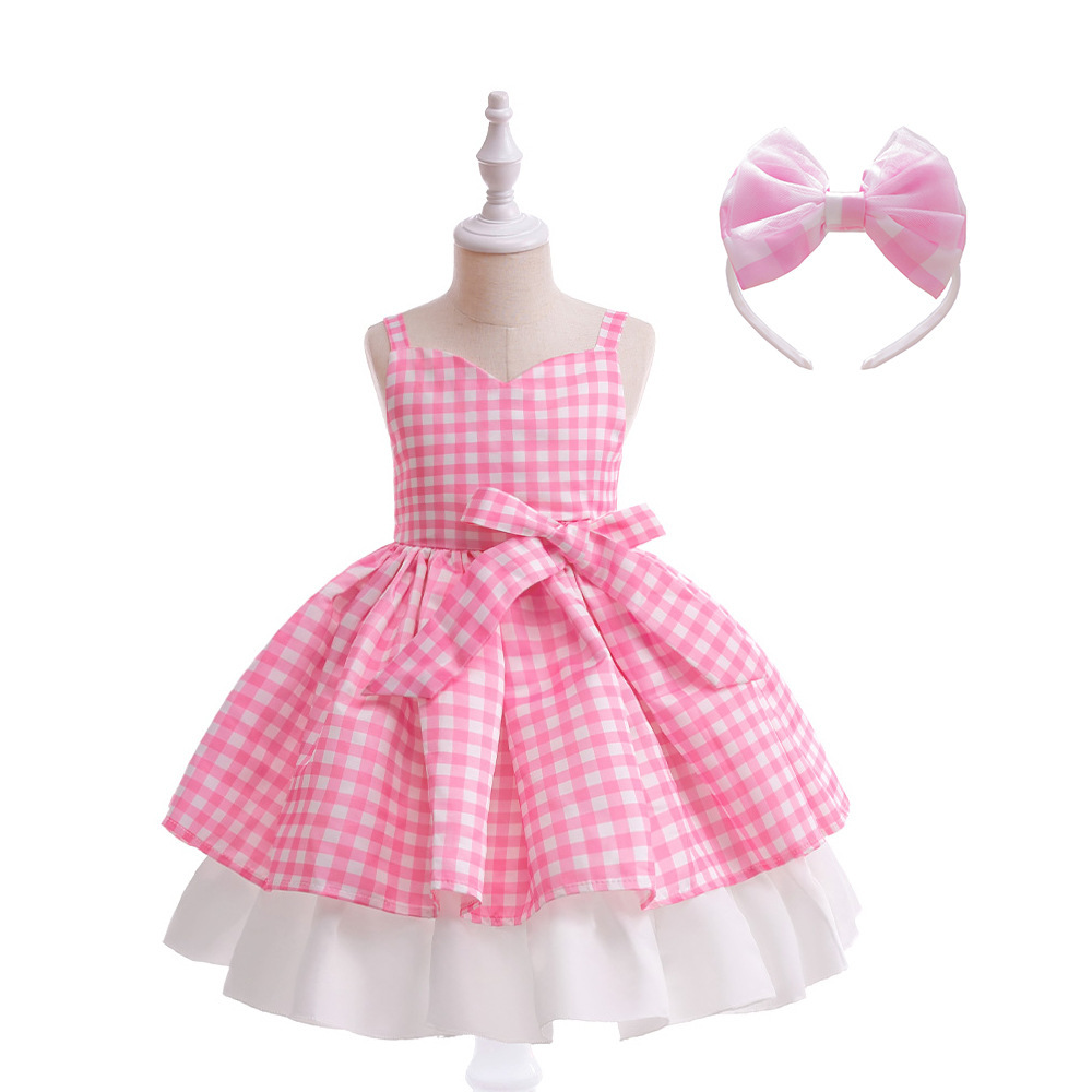 Adorable Pink Gingham Off - Shoulder Dress for Girls Classic Pink Plaid Dress for Girls – Adjustable Bowknot Waist, Layered Tulle Skirt & Back Zipper Design for Playful Elegance