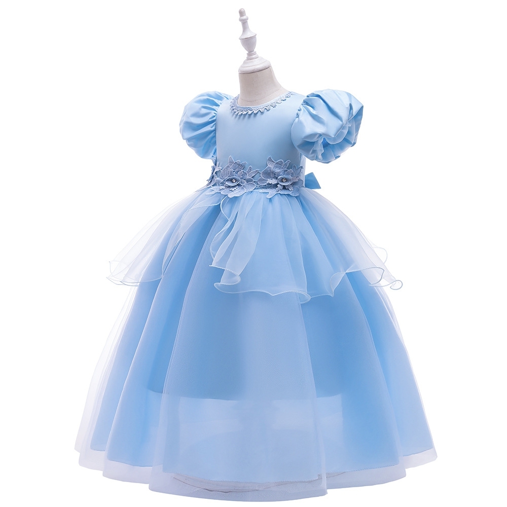 Elegant Light Blue Princess Dresses for Girls: Tulle Layers, Floral Embroidery & Sheer Fabric Designs | Whimsical Special Occasion Attire for Children