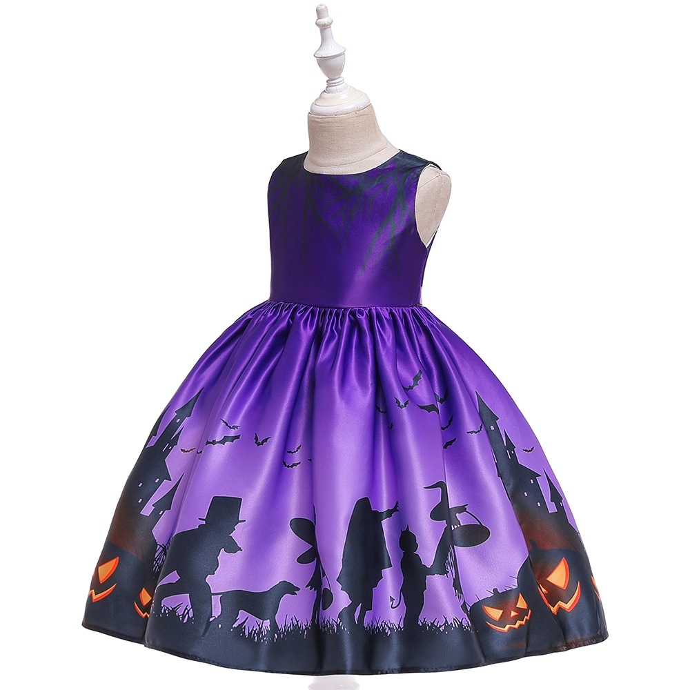 Elegant  Cosmic & Halloween Children's Dresses: Galaxy Print, Bat Motifs & Satin Ribbons for Special Occasions | Whimsical Kidswear with Starry Elegance