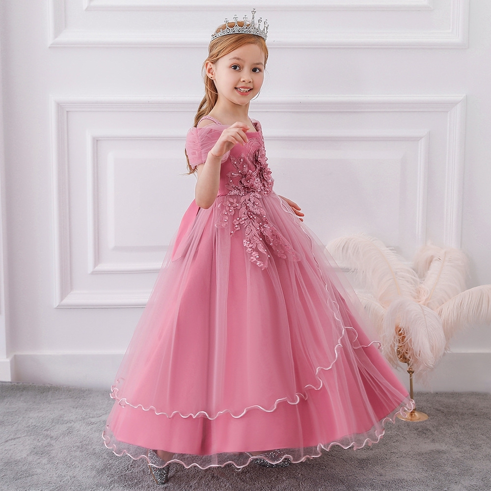 Glamorous Off - Shoulder Tulle Dresses for Little Girls Elegant Pink & Crimson Children's Dresses: Layered Tulle, Floral Embroidery & Shimmering Details for Special Occasions like Weddings, Parties & Pageants