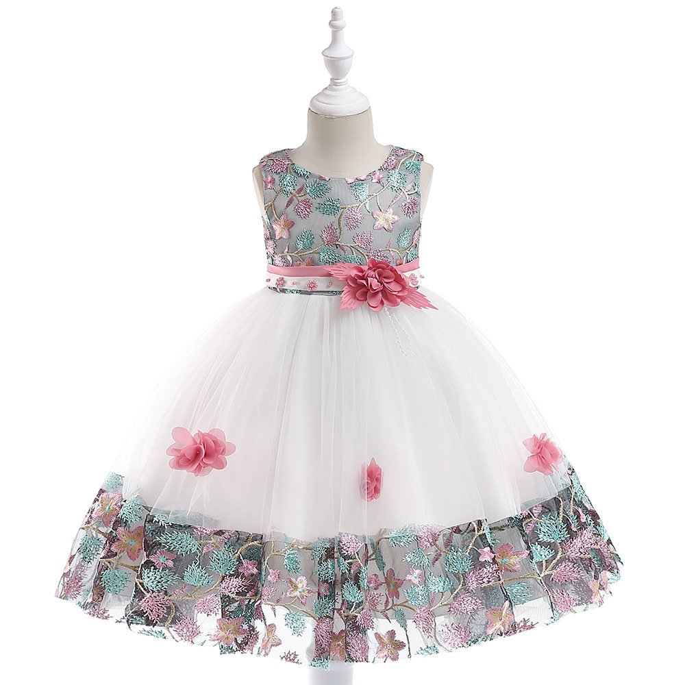 Elegant Floral Embroidered Children's Dresses: Layered Tulle, Pearl Accents & Sheer Mesh Details for Special Occasions Like Weddings, Parties & Photo Shoots | Whimsical Nursery Attire with Peach & Silver Embroidery