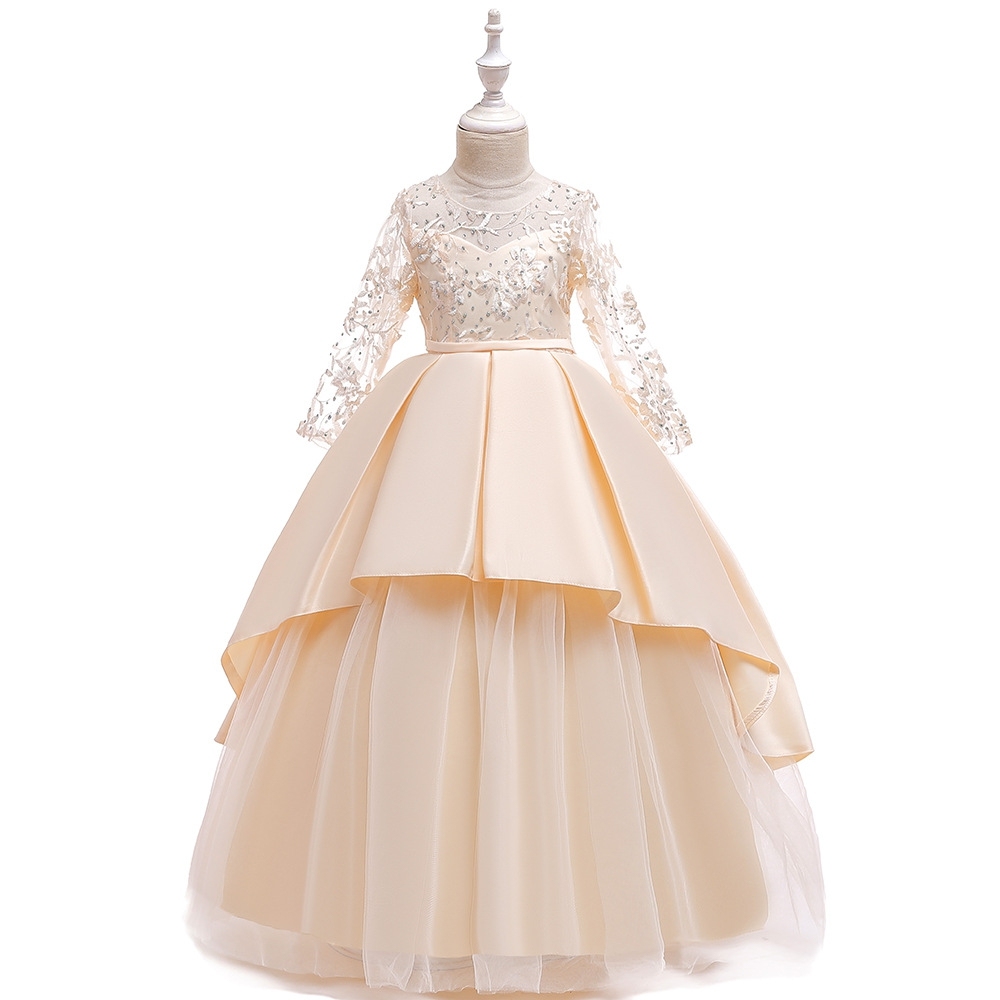 Enchanting Deep Lace & Satin Dresses for Girls - Layered Tulle Skirts, Crystal Embroidery & Adjustable Waistbands for Weddings, Parties & Fairy-Tale Events