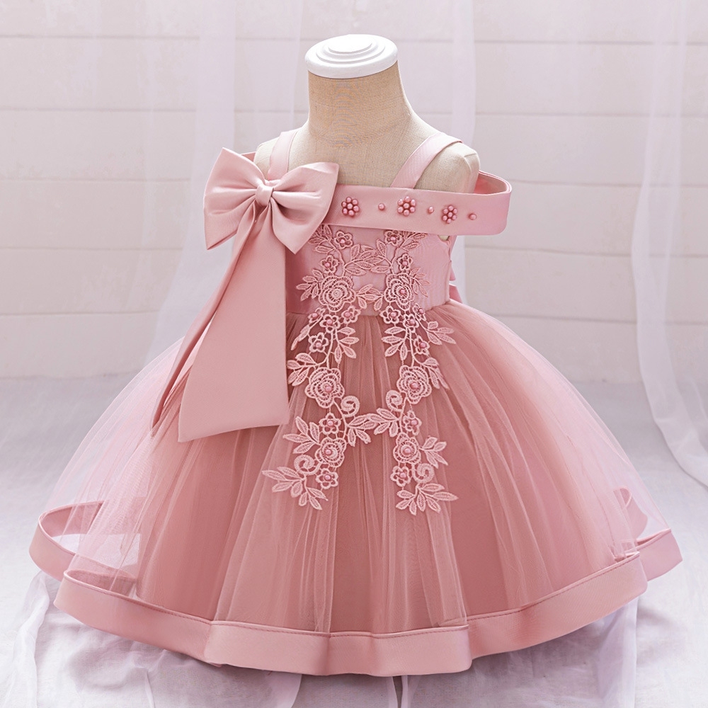 Adorable Off - Shoulder Pink Tulle Dress with Floral Embroidery for Little Girls
