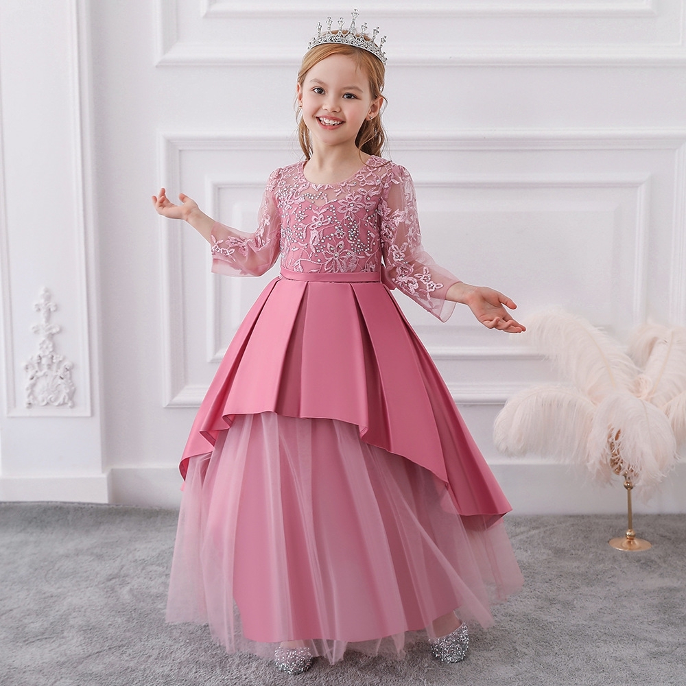 Enchanting Deep Lace & Satin Dresses for Girls - Layered Tulle Skirts, Crystal Embroidery & Adjustable Waistbands for Weddings, Parties & Fairy-Tale Events