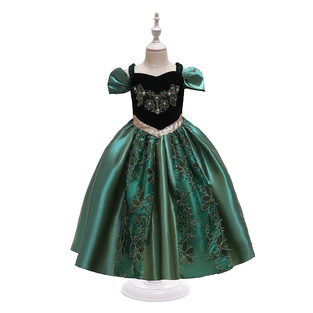 Exquisite Green Velvet and Satin Flower - Embroidered Kids' Dress