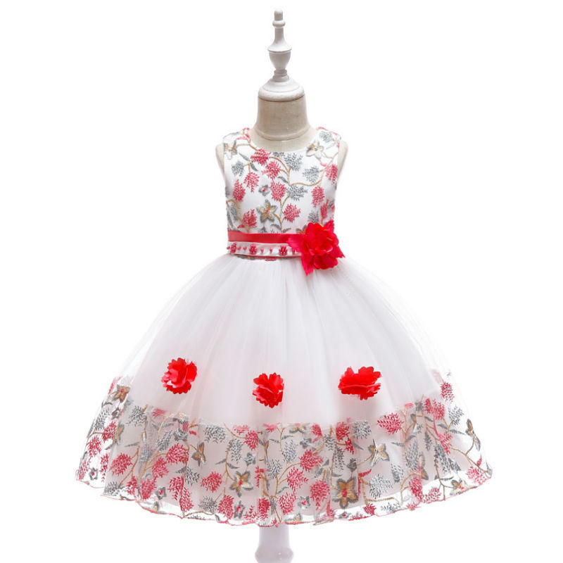 Elegant Floral Embroidered Children's Dresses: Layered Tulle, Pearl Accents & Sheer Mesh Details for Special Occasions Like Weddings, Parties & Photo Shoots | Whimsical Nursery Attire with Peach & Silver Embroidery