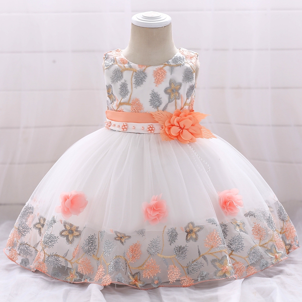 Floral Embroidered Children's Dresses – Tulle & Mesh Layers, Elastic Waistbands & Detachable Headpieces for Special Occasions
