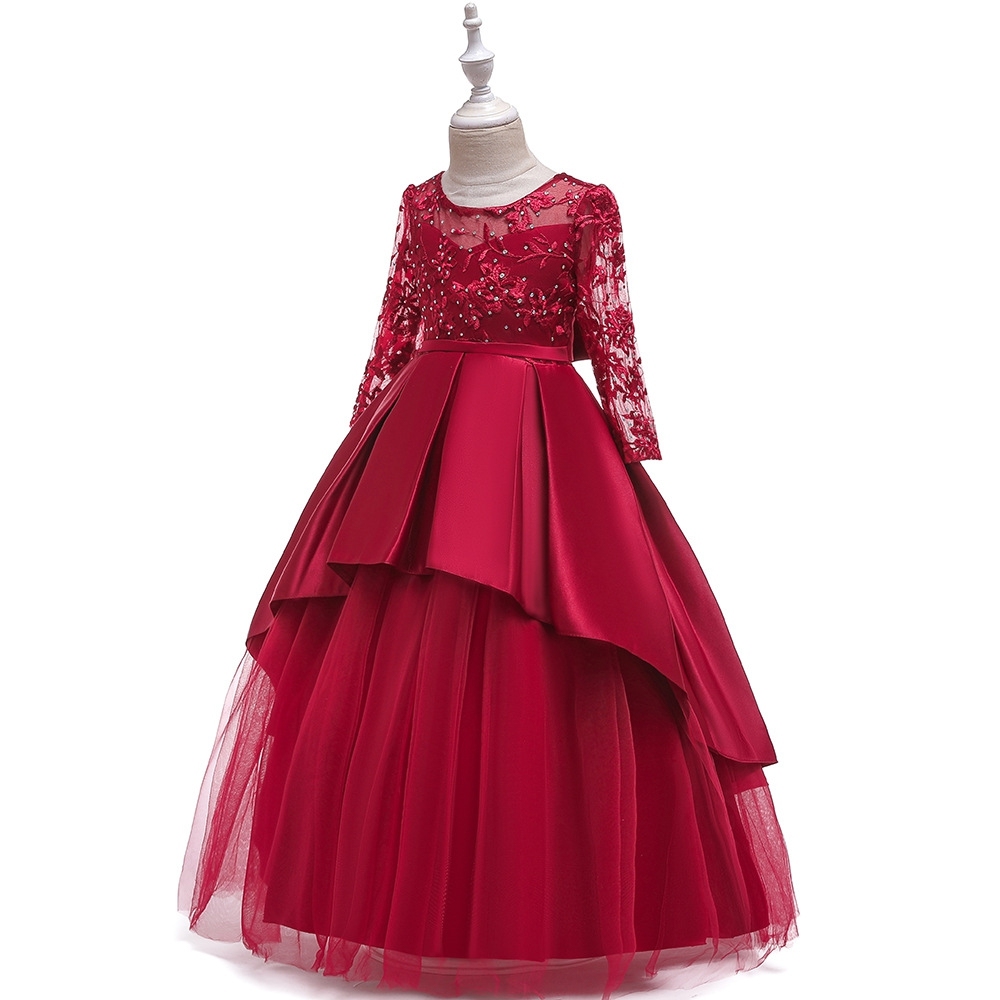 Enchanting Deep Lace & Satin Dresses for Girls - Layered Tulle Skirts, Crystal Embroidery & Adjustable Waistbands for Weddings, Parties & Fairy-Tale Events