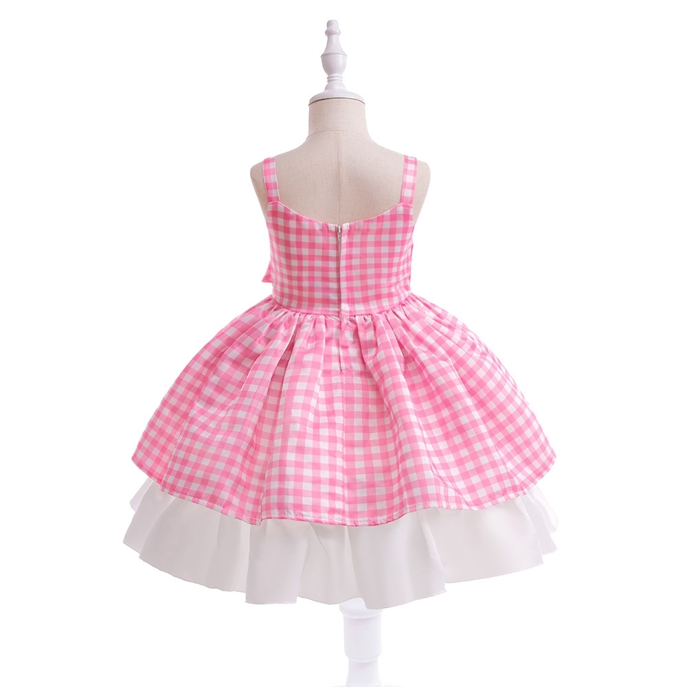 Adorable Pink Gingham Off - Shoulder Dress for Girls Classic Pink Plaid Dress for Girls – Adjustable Bowknot Waist, Layered Tulle Skirt & Back Zipper Design for Playful Elegance