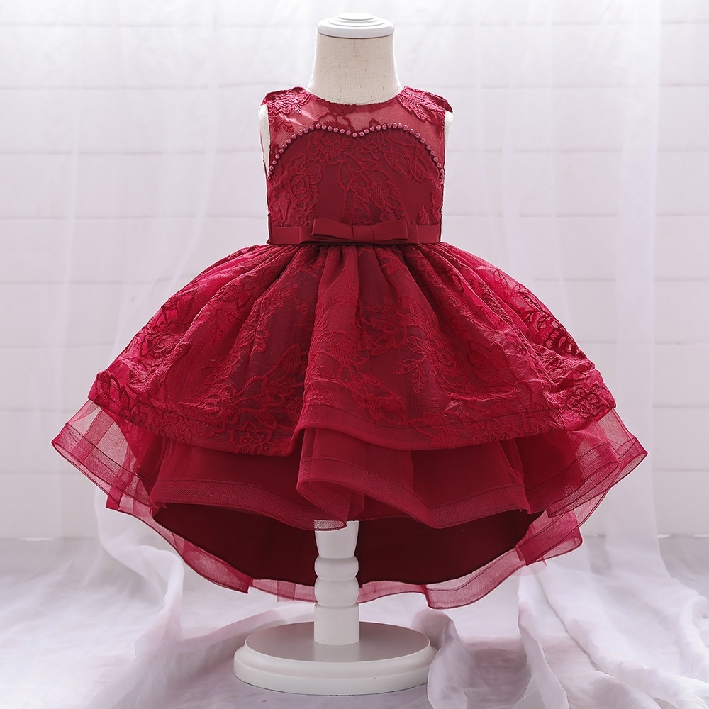 Elegant Floral Lace Children's Dresses: Tiered Tulle Skirts, Pearl Embellishments & Delicate Mesh Details for Special Occasions
