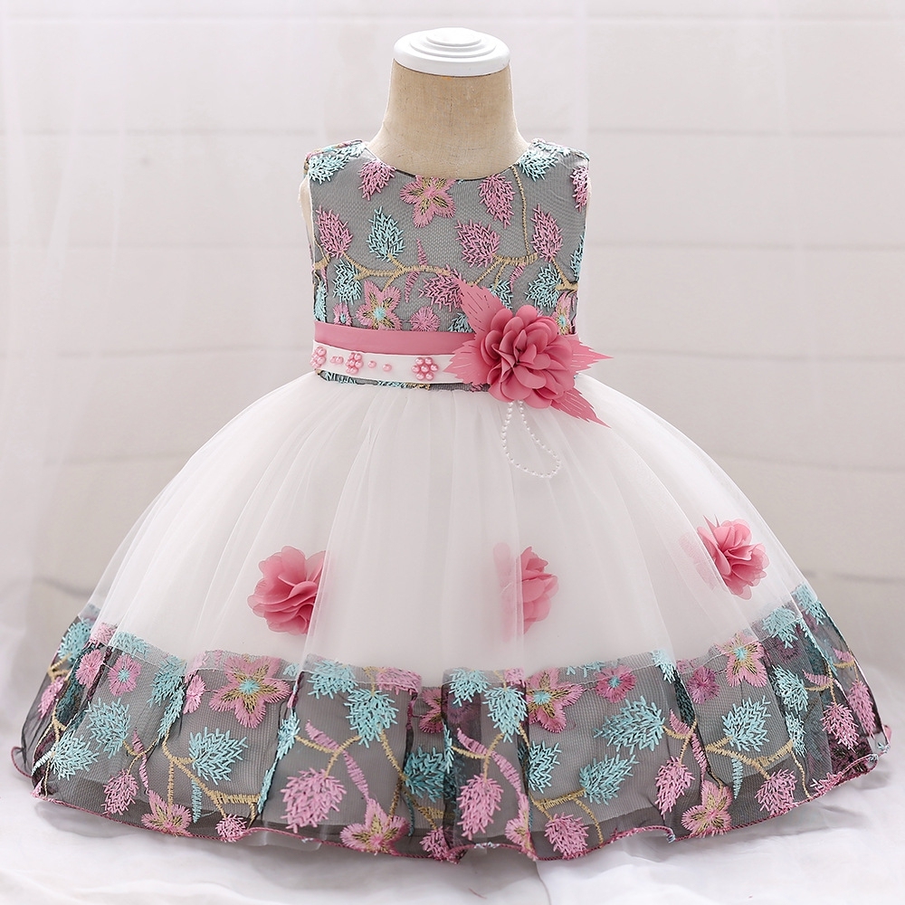 Floral Embroidered Children's Dresses – Tulle & Mesh Layers, Elastic Waistbands & Detachable Headpieces for Special Occasions