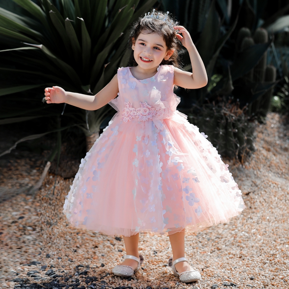 Elegant Lavender Floral Children's Dresses: Tulle Skirts, Beaded Embroidery & Sheer Mesh Details | Whimsical Special Occasion Attire for Girls