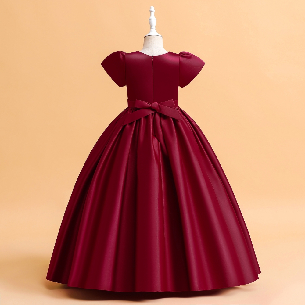 Elegant Burgundy & Maroon Satin Dresses for Girls - Pleated Bodices, Bow Accents & Elastic Waistbands, Luxurious Mesh Details for Special Occasions