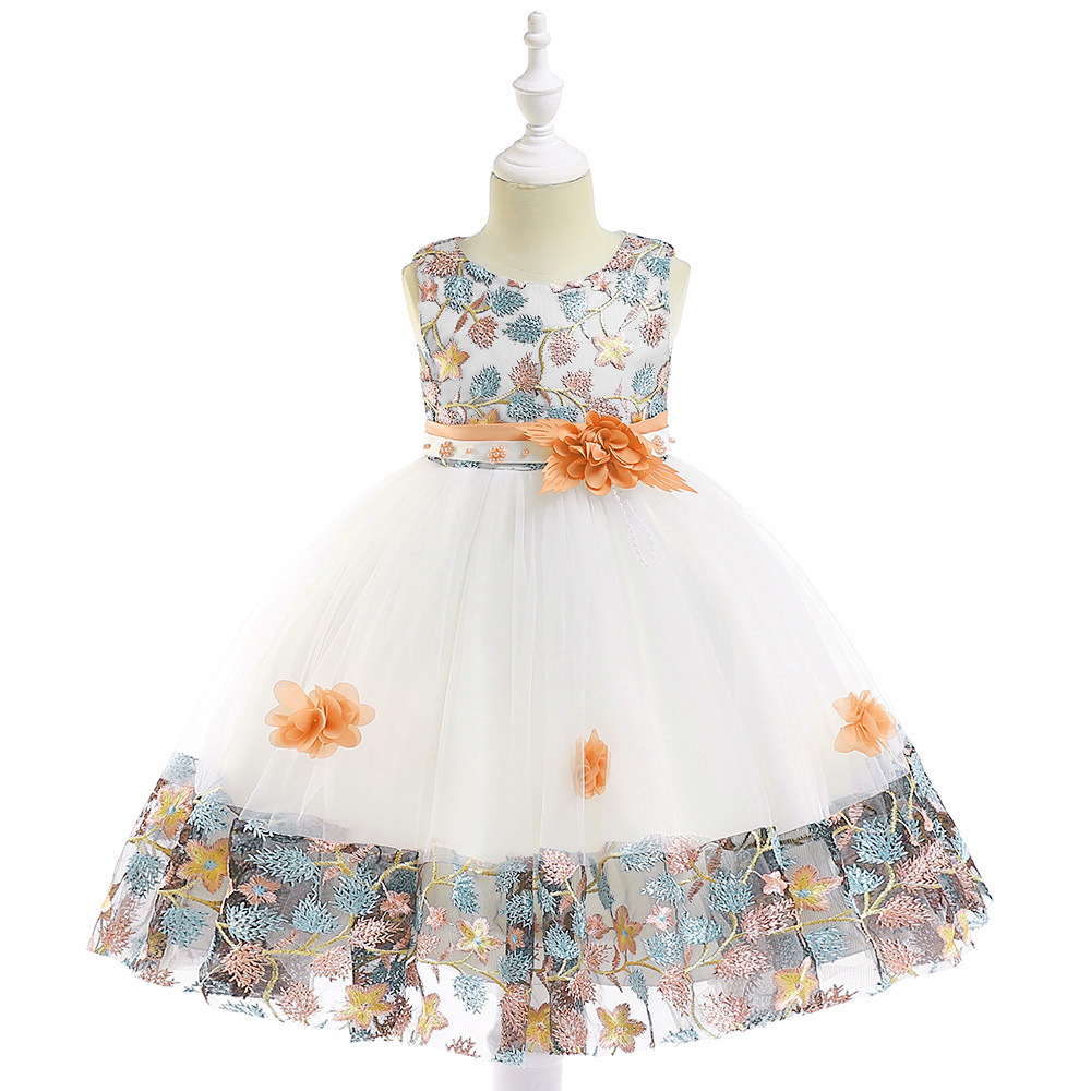 Elegant Floral Embroidered Children's Dresses: Layered Tulle, Pearl Accents & Sheer Mesh Details for Special Occasions Like Weddings, Parties & Photo Shoots | Whimsical Nursery Attire with Peach & Silver Embroidery