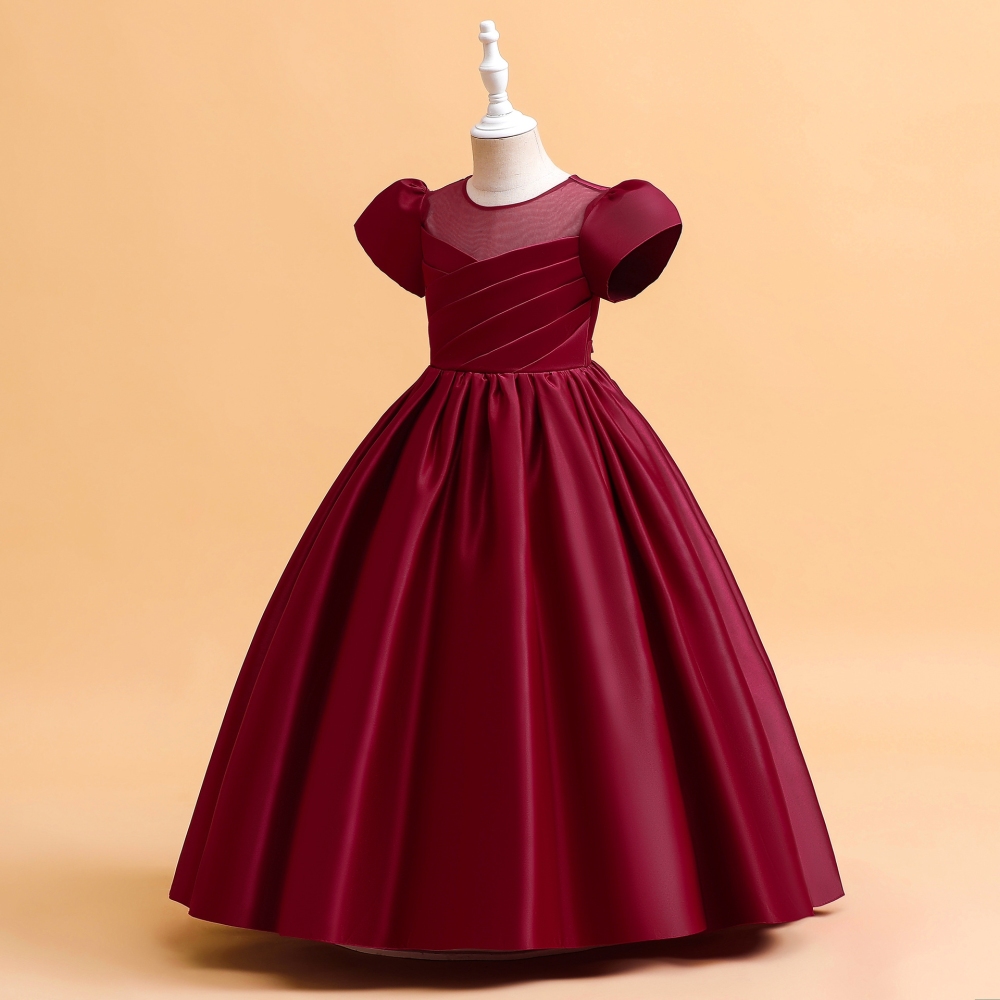 Elegant Burgundy & Maroon Satin Dresses for Girls - Pleated Bodices, Bow Accents & Elastic Waistbands, Luxurious Mesh Details for Special Occasions