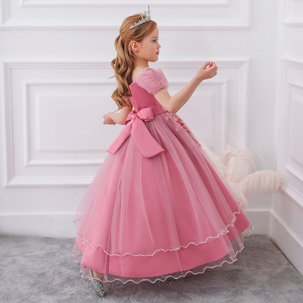 Glamorous Off - Shoulder Tulle Dresses for Little Girls Elegant Pink & Crimson Children's Dresses: Layered Tulle, Floral Embroidery & Shimmering Details for Special Occasions like Weddings, Parties & Pageants
